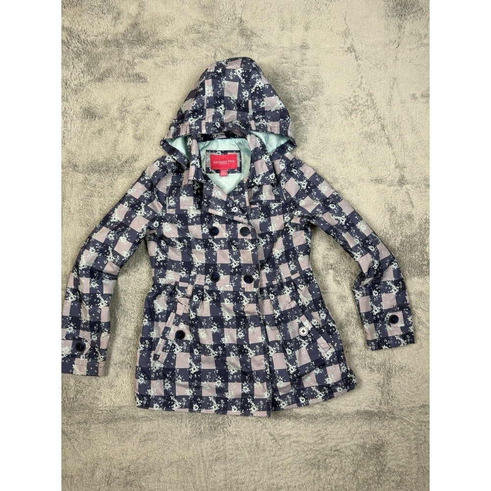 London Fog Girls’ Hooded Plaid Floral Coat – L (14/16)